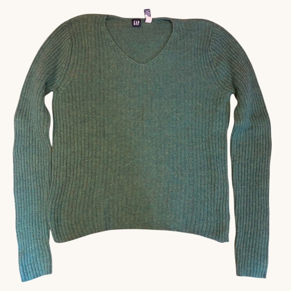 GAP Women's Vintage 100% Lambswool Ribbed V Neck Sweater LARGE Marled Teal Green